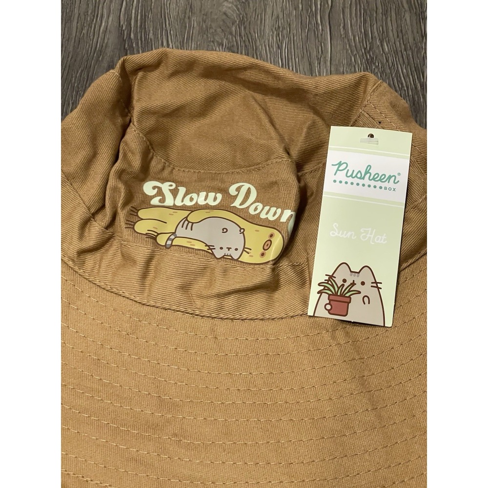 PUSHEEN Cat & Sloth Bucket Hat Brown Sun Hat Slow Down‎ One Size Anime Kawaii